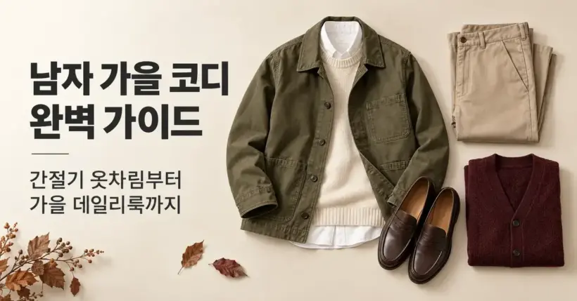 남자 가을 코디 완벽 가이드라는 제목과 함께 올리브색 워크 재킷에 흰 셔츠와 크림색 니트를 겹쳐 입는 조합, 베이지색 치노팬츠, 갈색 로퍼, 버건디색 가디건을 배치한 이미지.