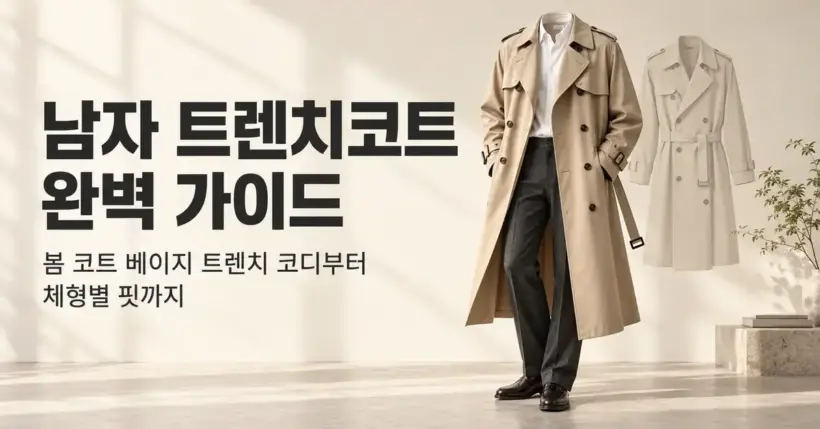 베이지 트렌치코트에 흰 셔츠와 짙은 회색 바지를 매치한 코디와 ‘남자 트렌치코트 완벽 가이드’라는 제목이 담긴 이미지.